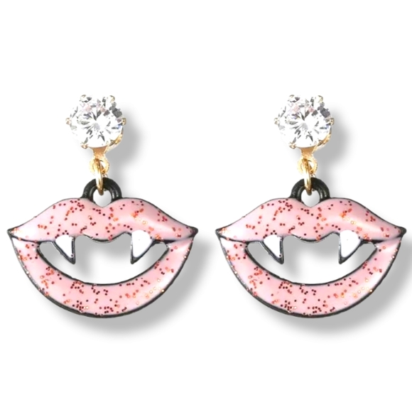 Bundle 2 pairs 1 red 1 pink sparkly crystal vampire teeth lips earrings - Picture 6 of 12